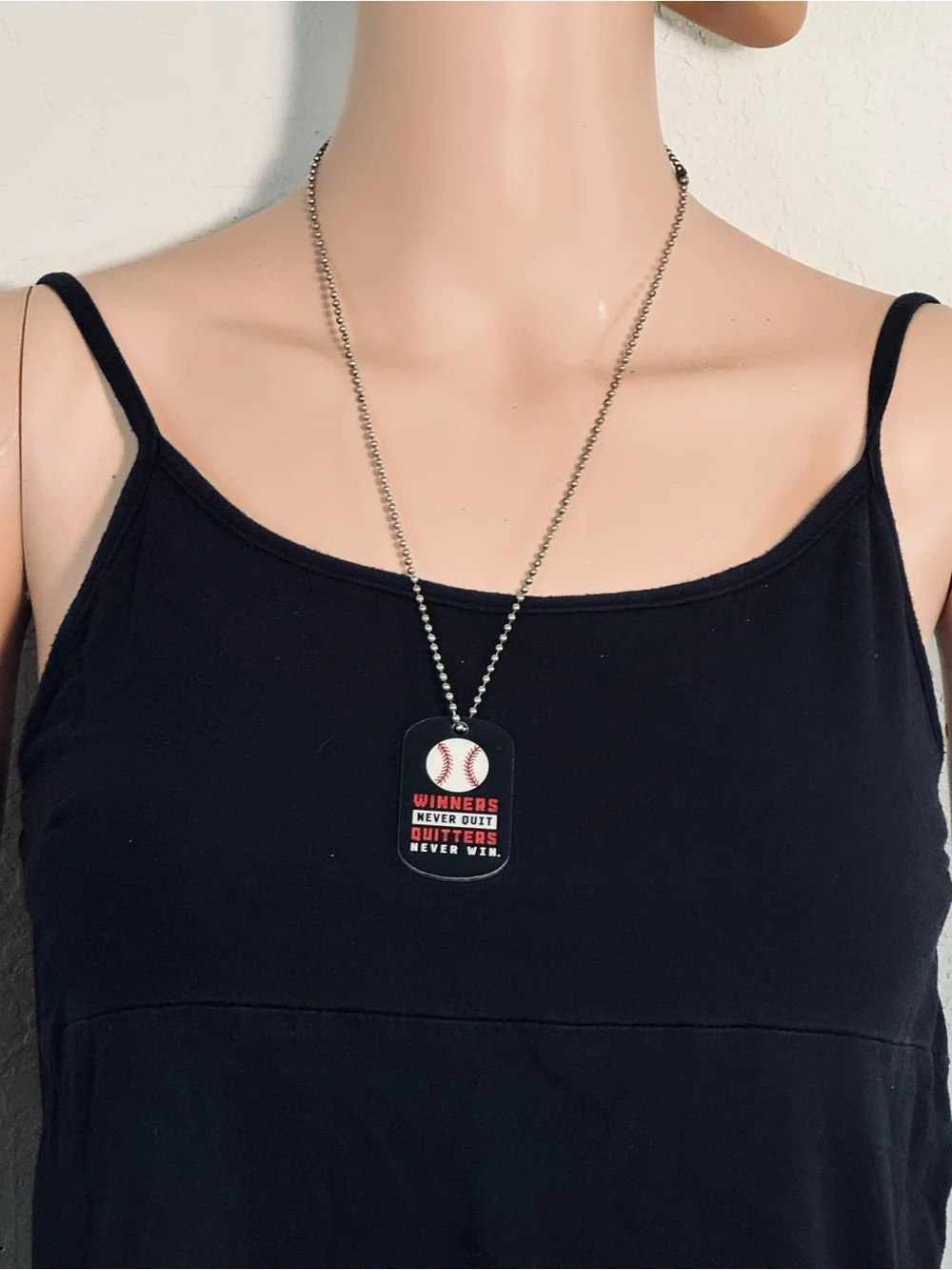 Baseball Dog Tag Necklace - Black with Red & White Graphic